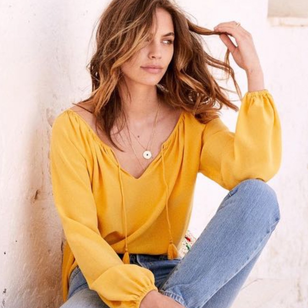 Sézane Alena Silk Peasant Blouse Sunset Saffron Yellow - Picture 4 of 9
